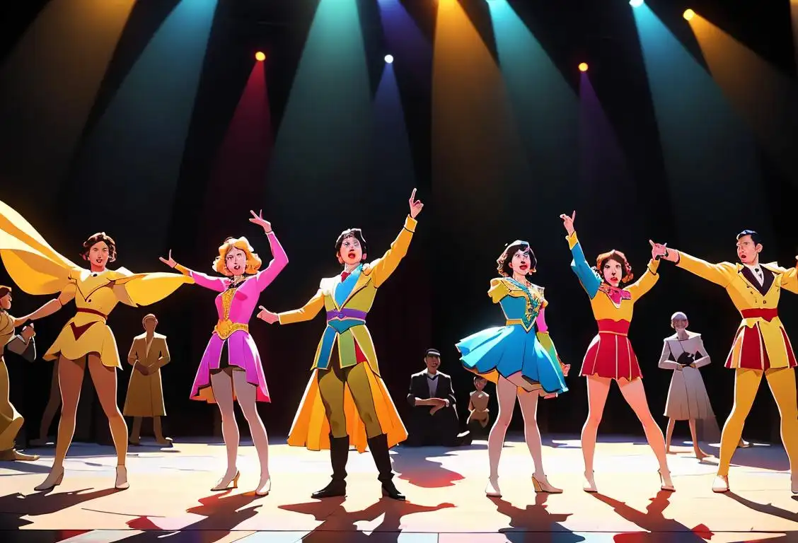 A group of actors wearing colorful costumes, striking powerful poses on an empty stage, with theater lights shining down on them..