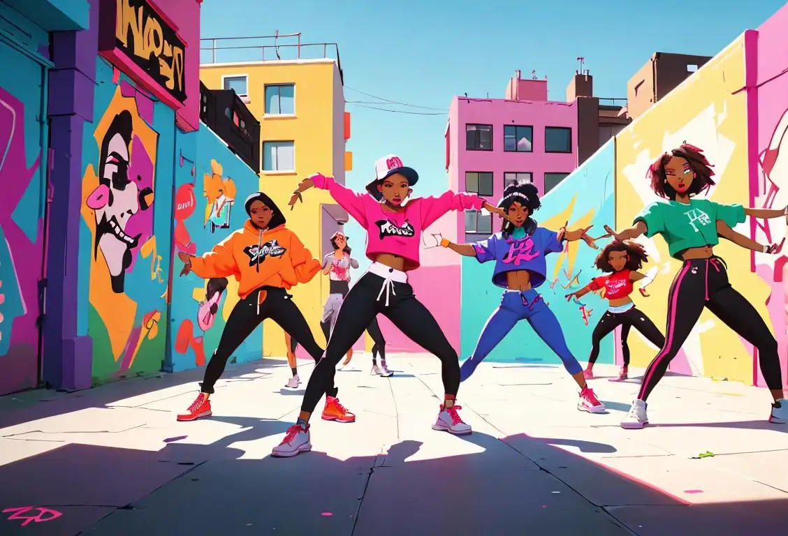 A group of diverse hip-hop dancers showcasing their moves, dressed in vibrant urban streetwear, against a colorful graffiti-covered city backdrop..