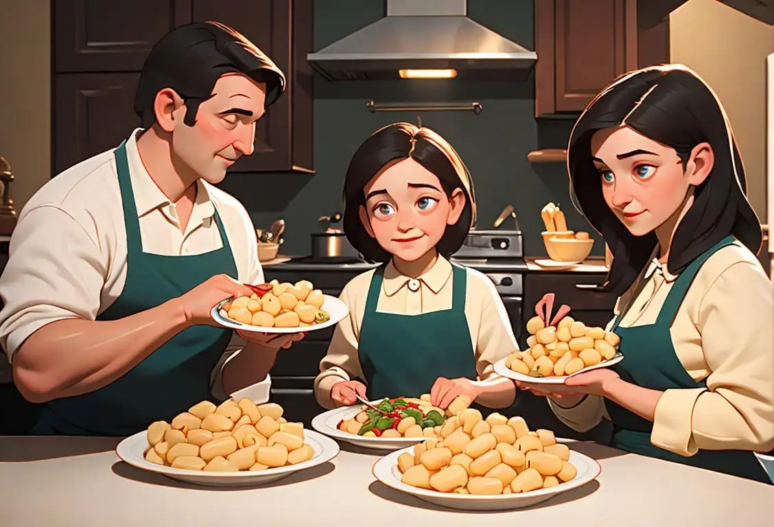 A family happily preparing and enjoying plates of gnocchi, with an Italian kitchen backdrop and traditional Italian fashion..