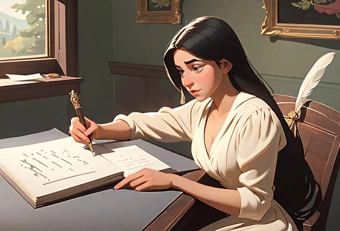 Young woman in a classically styled dress, writing with a feather quill pen, in a colonial American countryside setting..