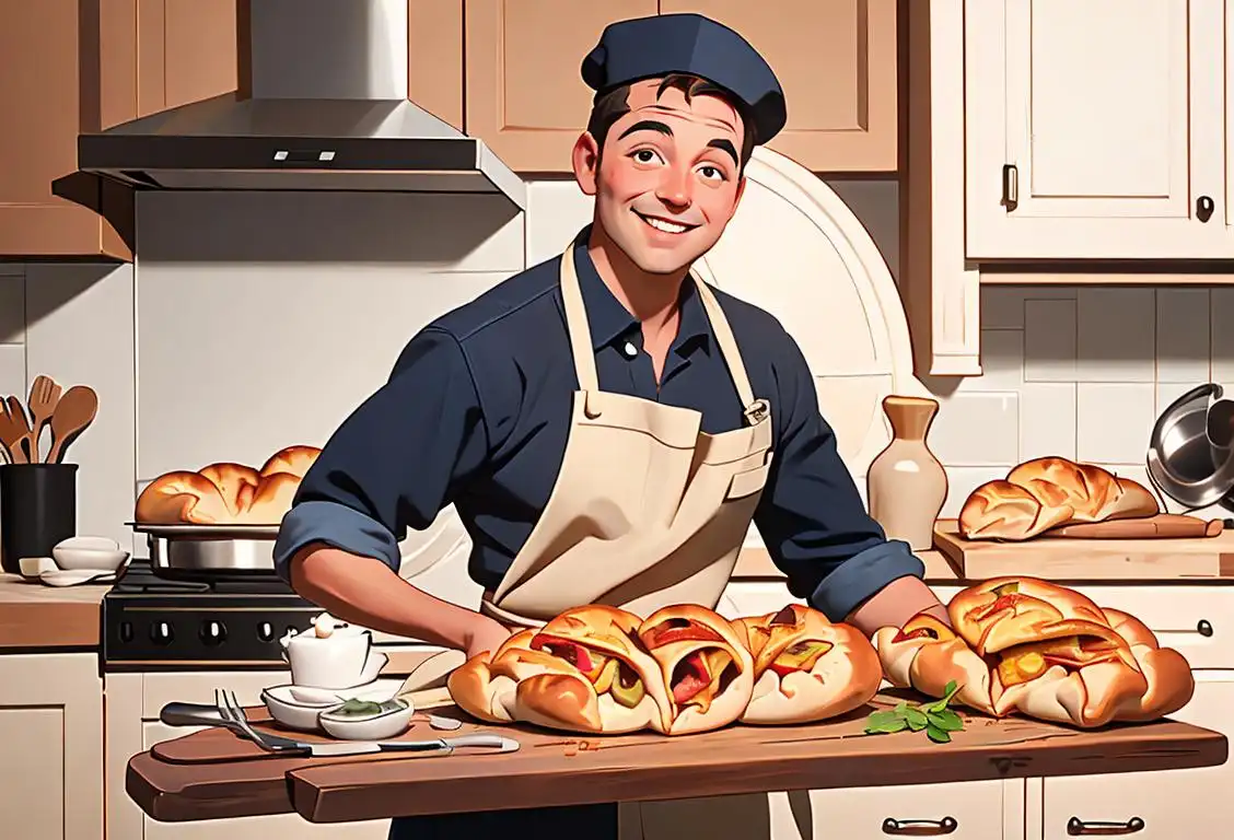 A smiling person, dressed in a chef's hat and apron, holding a large calzone on a wooden cutting board in a sunny kitchen..