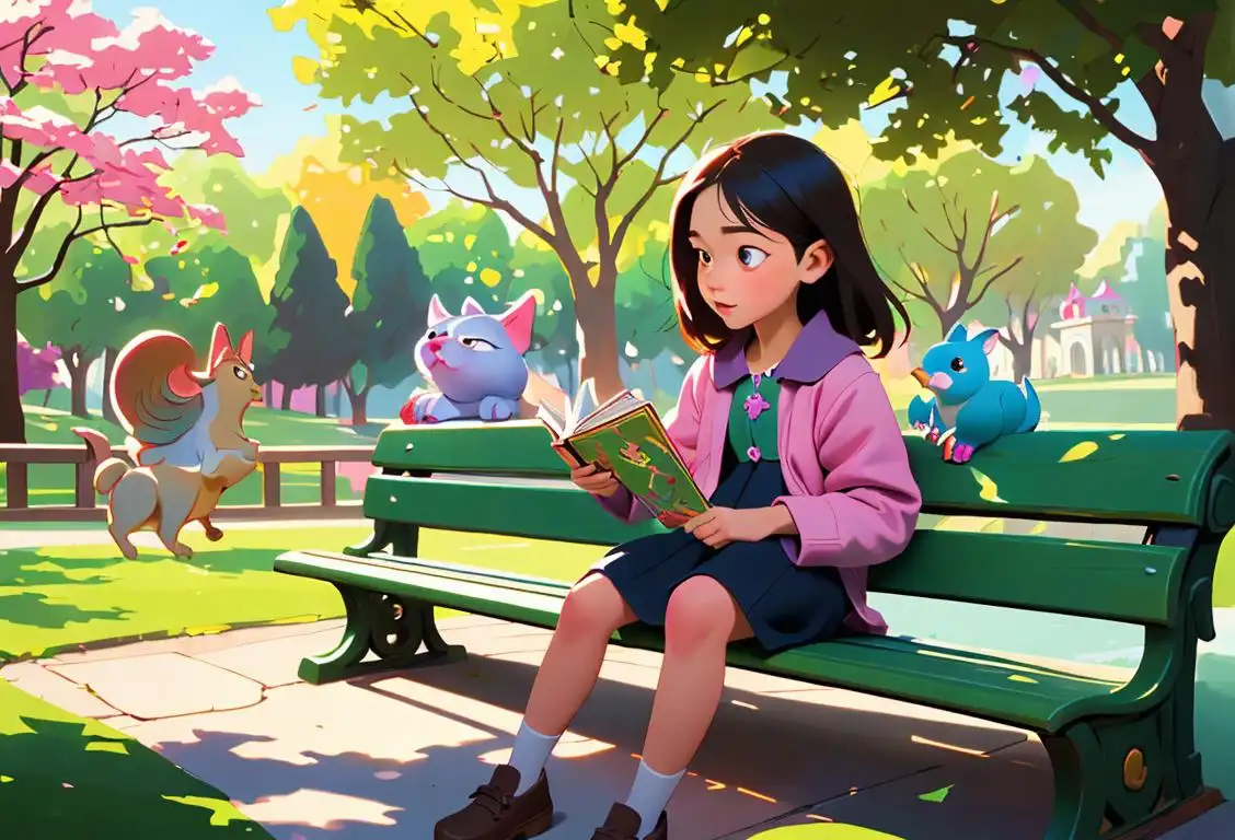 Young girl sitting on a park bench, holding a colorful picture book, surrounded by a magical forest with talking animals..
