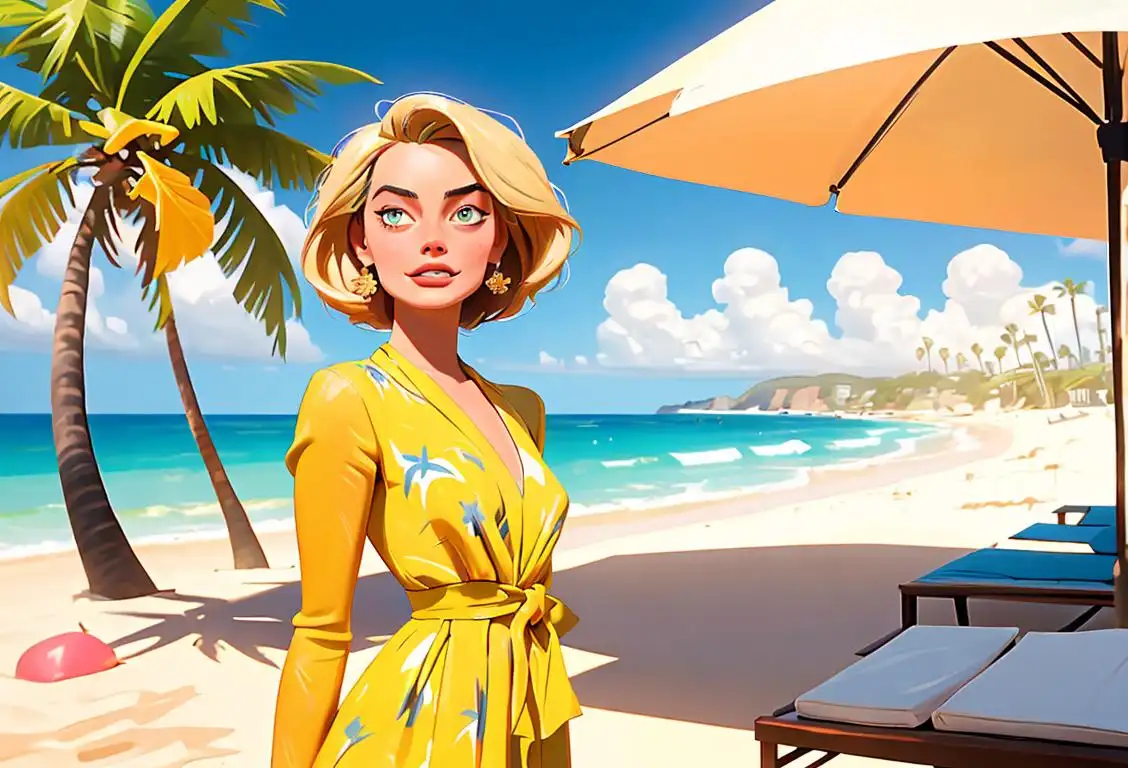 A sunny beach setting with Margot Robbie lookalike holding a margarita, wearing a stylish summer dress, surrounded by palm trees and waves..