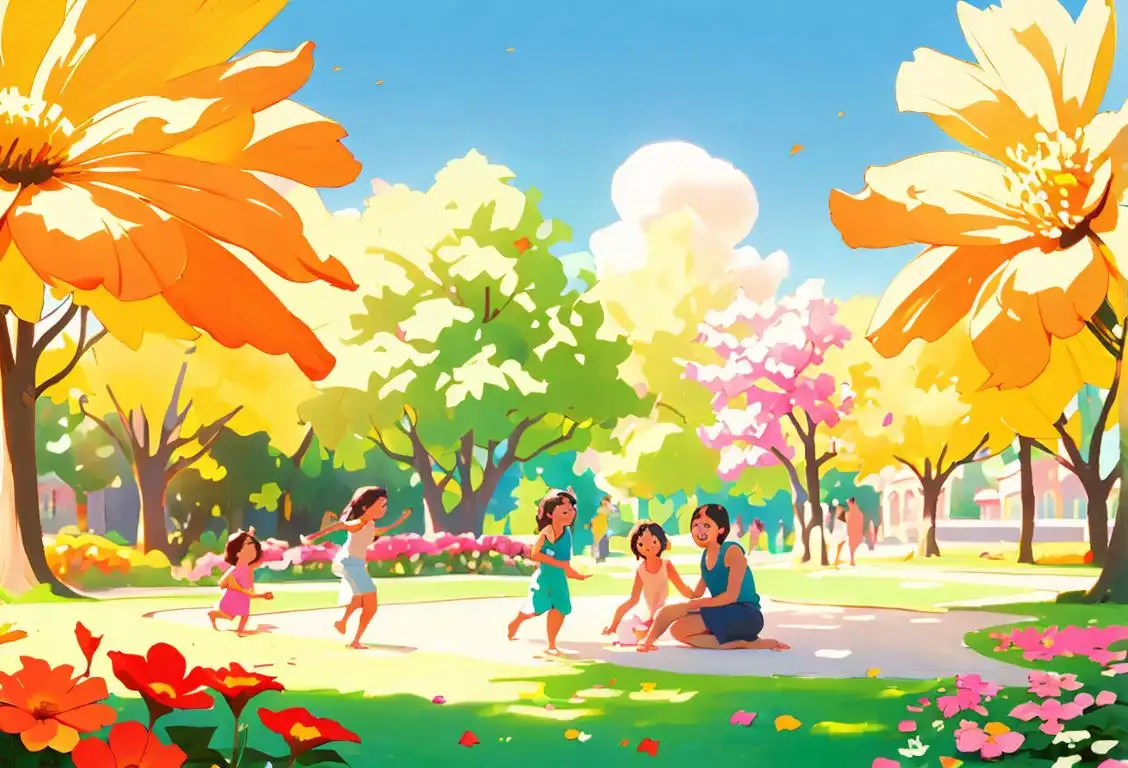 A group of smiling people, barefoot and enjoying nature with colorful flowers and a sunny park scene in the background..