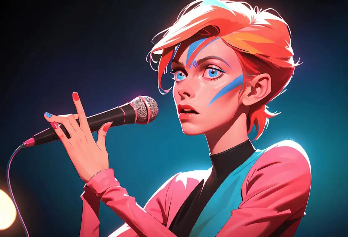 Young woman wearing a colorful outfit, holding a microphone, surrounded by a glittering stage set, reminiscent of David Bowie's iconic concert performances..