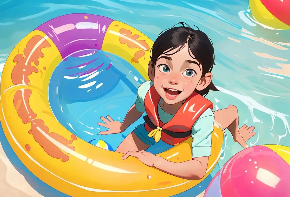 Happy child wearing a life vest, splashing in a pool, surrounded by beach balls and inflatable toys..