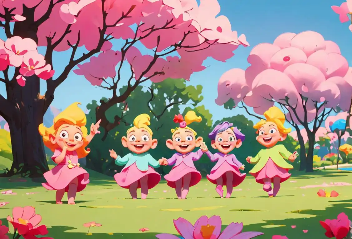 A group of people wearing colorful, mismatched outfits, laughing joyfully in a whimsical, fairytale-inspired setting..