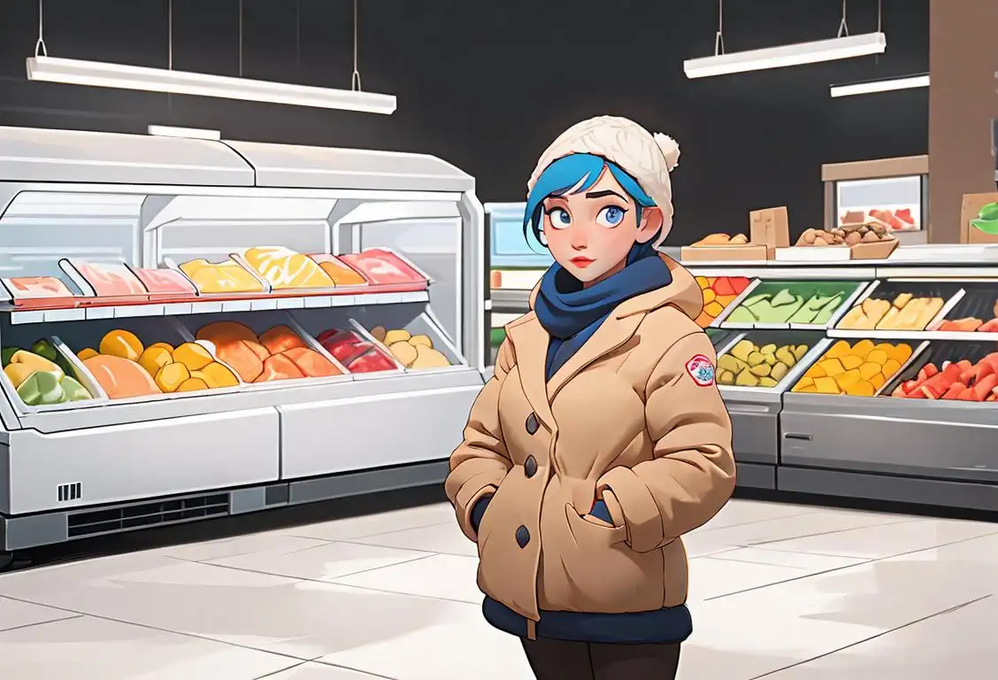 Young woman standing in front of a freezer aisle, holding a frozen entree, wearing a cozy winter outfit, grocery store setting..