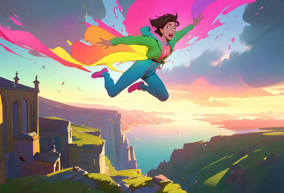 A person taking a leap of faith, dressed in colorful and adventurous clothing, against a backdrop of beautiful landscapes..