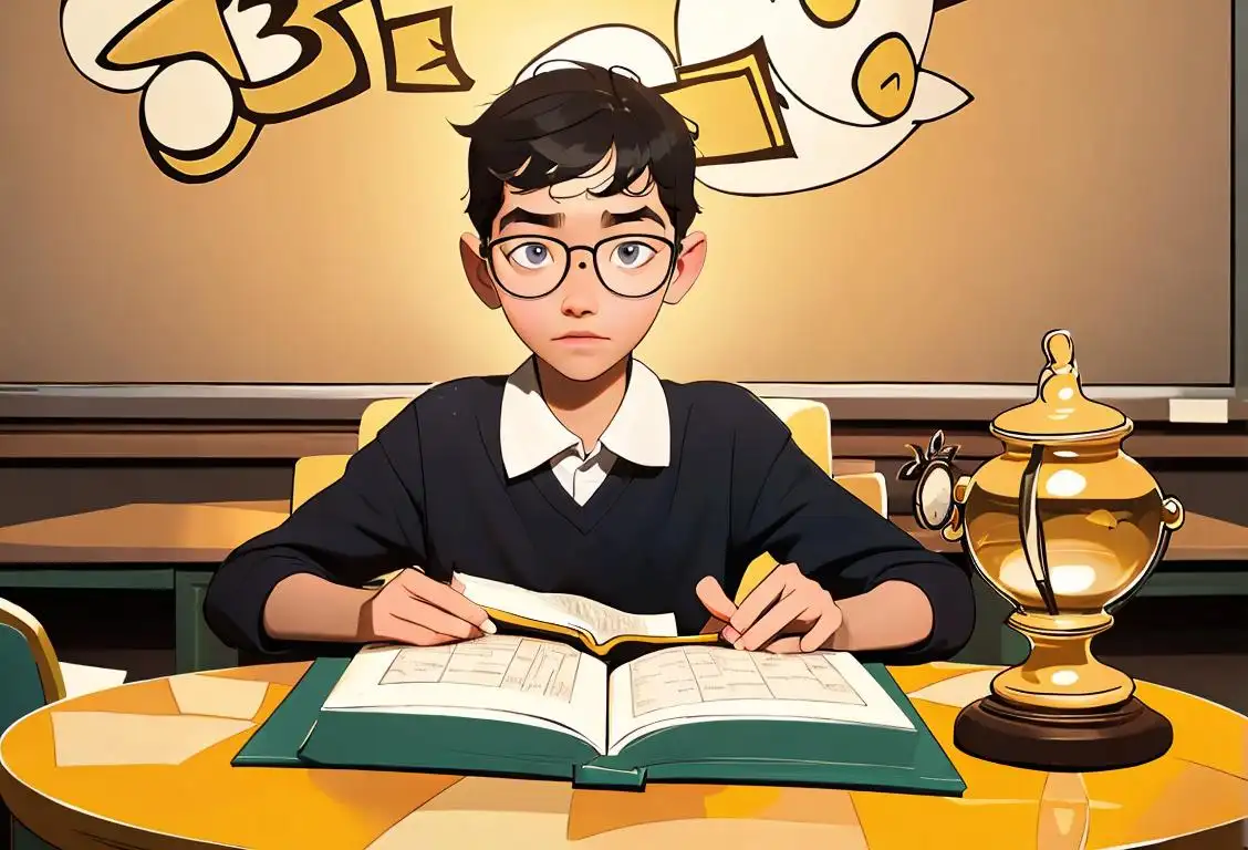 Young boy wearing glasses, holding a large dictionary, surrounded by a school classroom filled with spelling bee trophies..