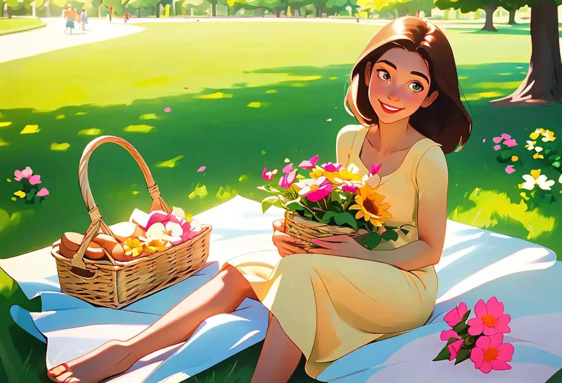 Smiling young woman in a flowy sundress, basking in the beautiful sunshine at the park, surrounded by blooming flowers and a picnic basket..