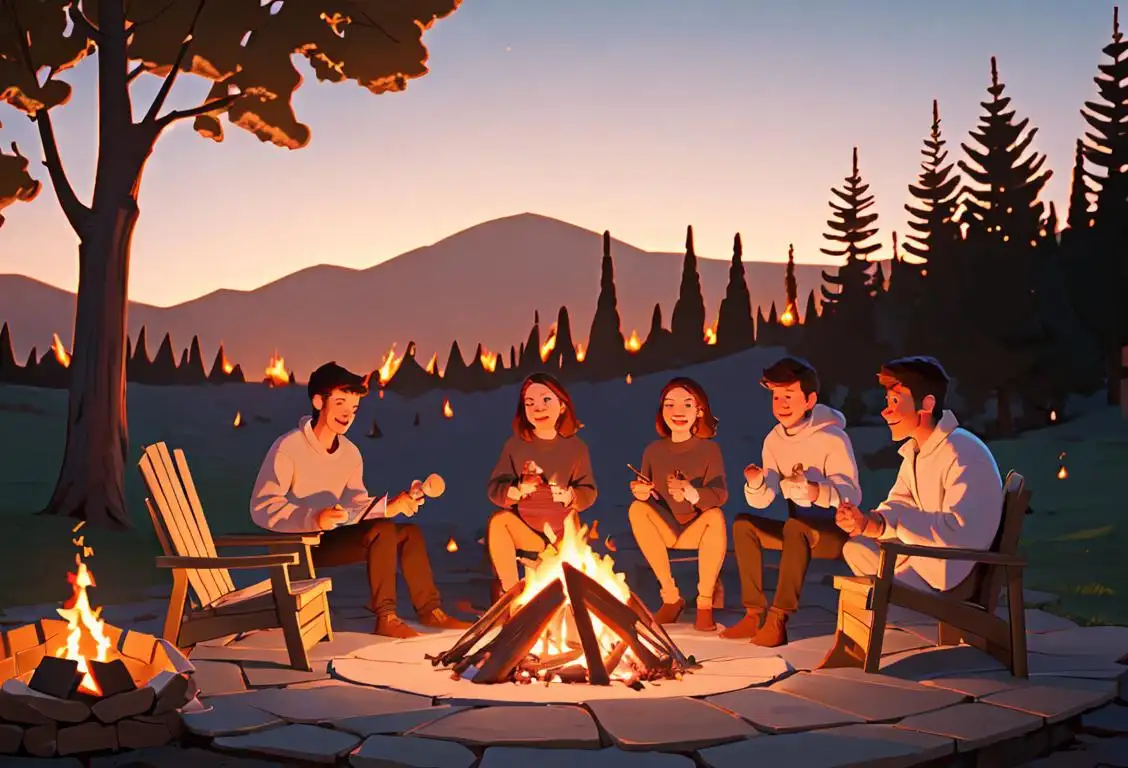 A happy group of friends gathered around a bonfire, roasting marshmallows on skewers, wearing cozy sweaters, in a scenic outdoor setting..