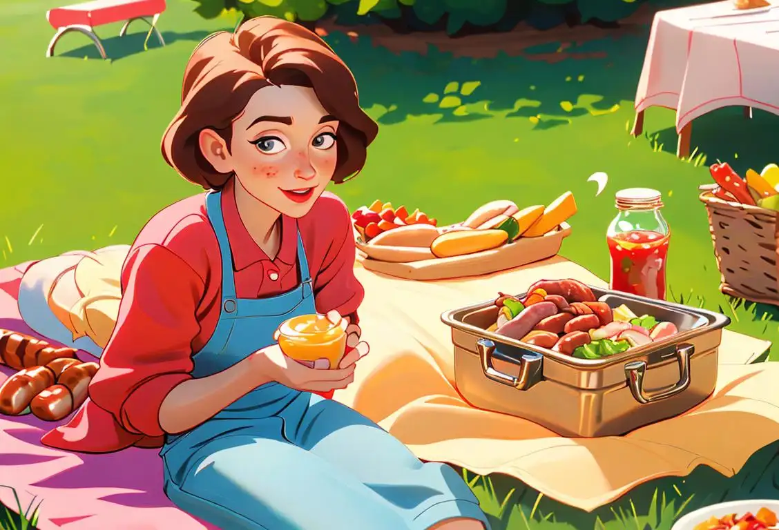 Young woman grilling mini sausages on a sunny picnic with friends, wearing a cute apron, surrounded by colorful condiments and vintage picnic blanket..