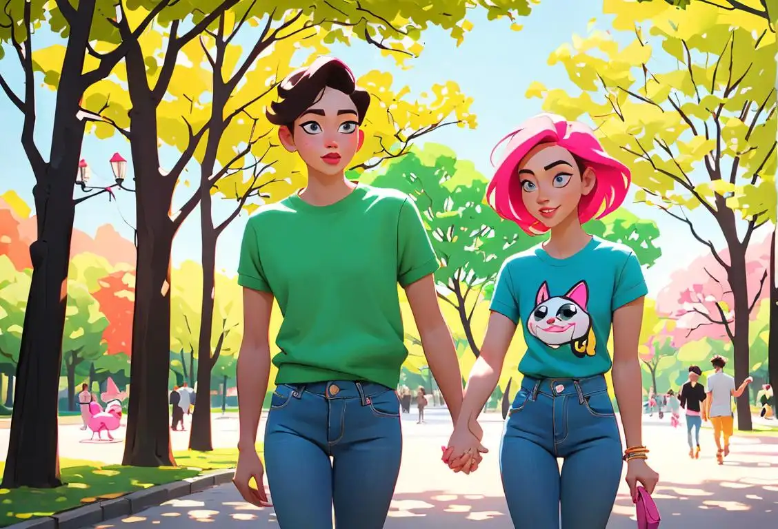 Two best friends, arms linked, strolling through a vibrant park, wearing matching friendship bracelets and trendy outfits..