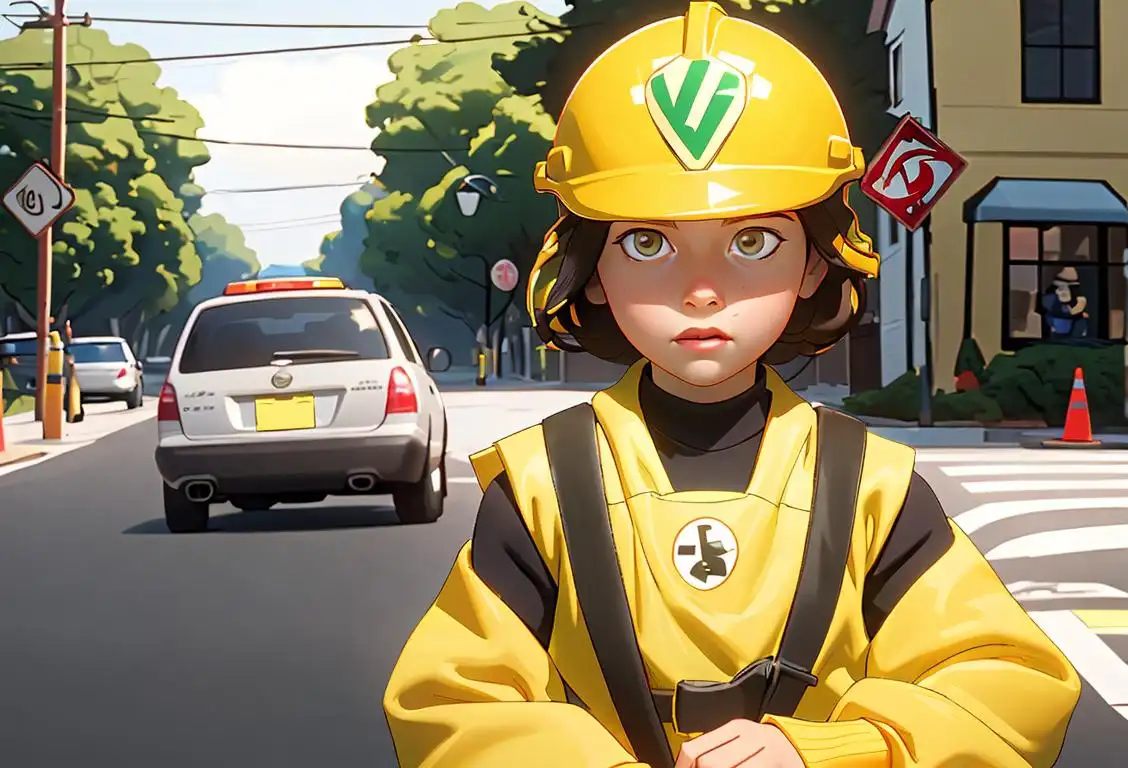 A young girl wearing a bright yellow safety vest and a helmet, holding a stop sign, in a suburban neighborhood, with children playing safely in the background..