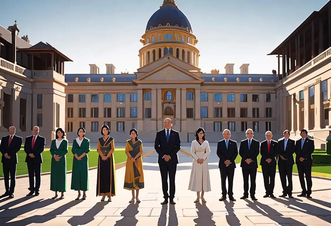 A diverse group of people representing different cultures, standing together, wearing formal attire, against a backdrop of government buildings..