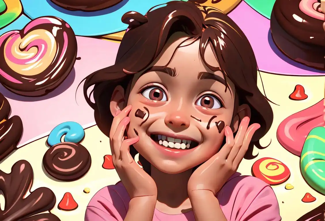A joyful child with chocolate-covered hands grinning while surrounded by a variety of fudge flavors and toppings, in a vibrant candy store..