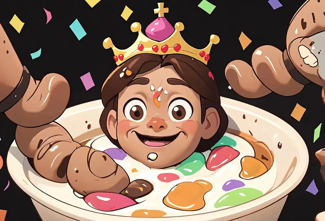 A cartoon illustration of a smiling poop emoji wearing a crown, symbolizing National Poop Day. The poop emoji is surrounded by colorful confetti, showing a festive celebration. The background depicts a bathroom with clean sanitation facilities and a responsible pet owner cleaning up after their pet. The image also includes a group of friends having a lighthearted conversation about gut health, while holding poop emoji cushions. They are dressed in casual and stylish clothing, reflecting a fun and trendy atmosphere. The scene is completed with a stack of books on gut health, indicating the importance of education and awareness. .