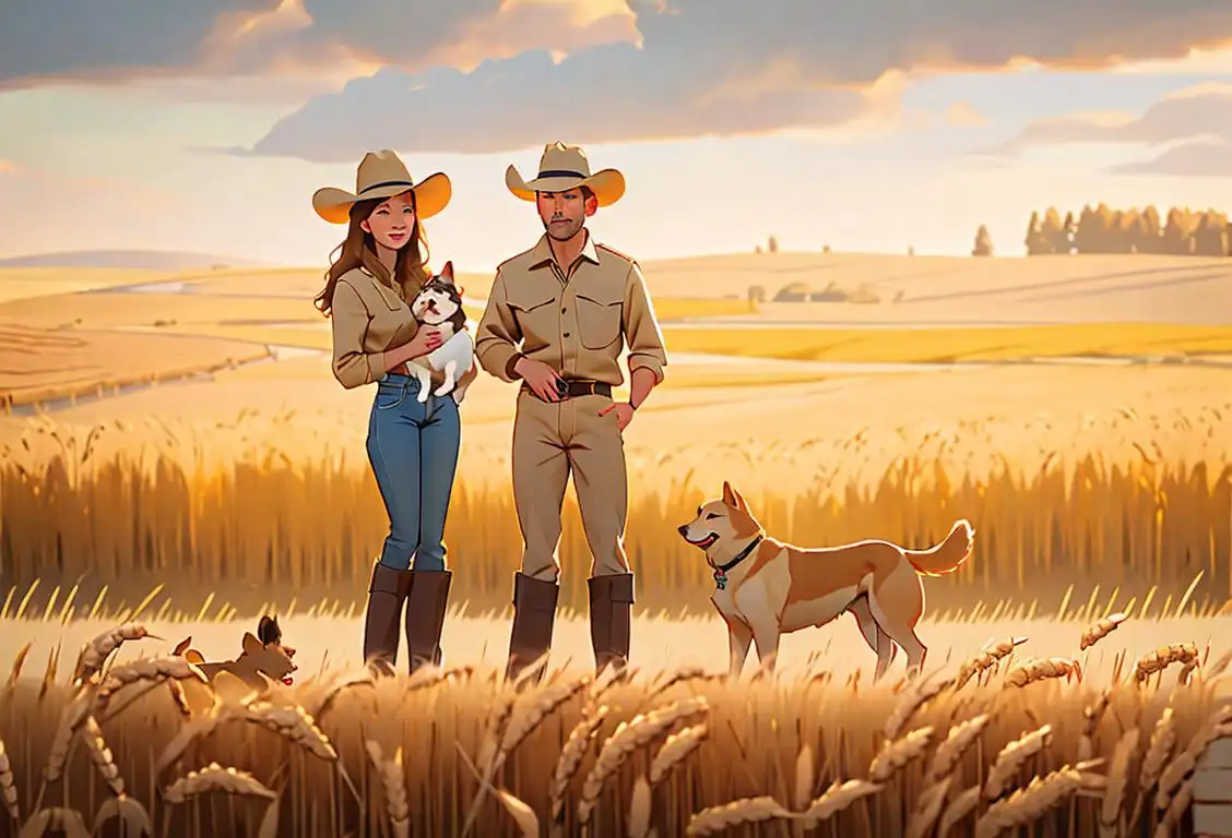 A family standing in a golden wheat field, wearing cowboy boots and hats, with a friendly dog in the foreground..