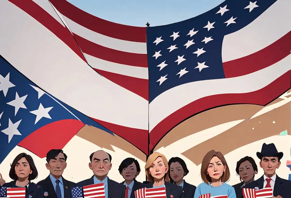 A diverse group of people standing in front of a U.S. flag, wearing various political campaign shirts and buttons, voting stickers, in a bustling city square..