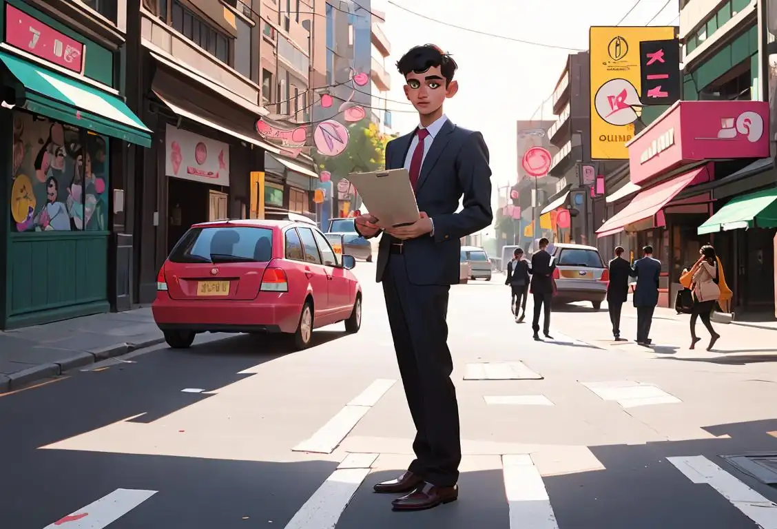 Young person holding a job application, dressed in professional attire, standing in a bustling city street..