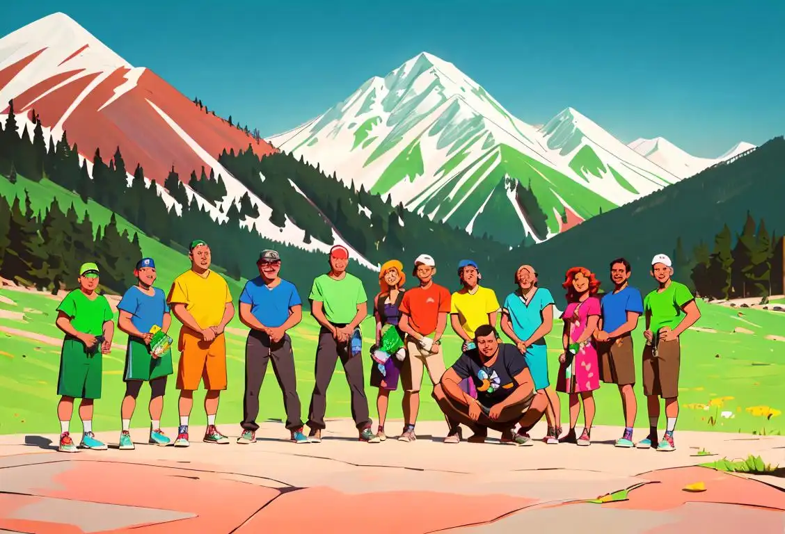 A group of diverse individuals raising colorful cans and bottles of Mountain Dew, smiling and wearing casual American fashion from different decades, in a vibrant outdoor setting with mountains in the background..