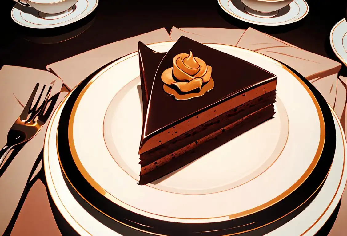 A slice of rich, moist Sacher Torte cake on a fancy plate, surrounded by chocolate shavings. Elegant table setting with silver cutlery and a tea cup..