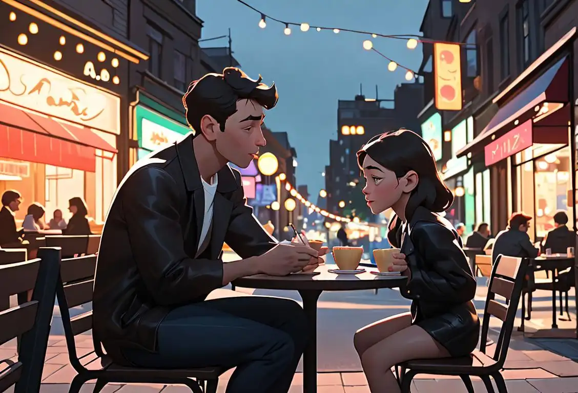 A stylish couple enjoying a child-free evening at an outdoor café, dressed in trendy attire, surrounded by twinkling city lights..