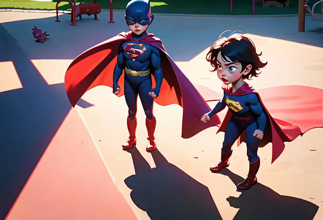 Child wearing a superhero cape, surrounded by sibling shadows, playful playground scene with bright colors..
