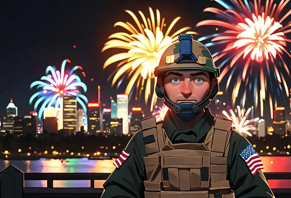 Excited person in protective gear, surrounded by colorful fireworks, celebrating National eod Day with patriotic outfit and city skyline background..