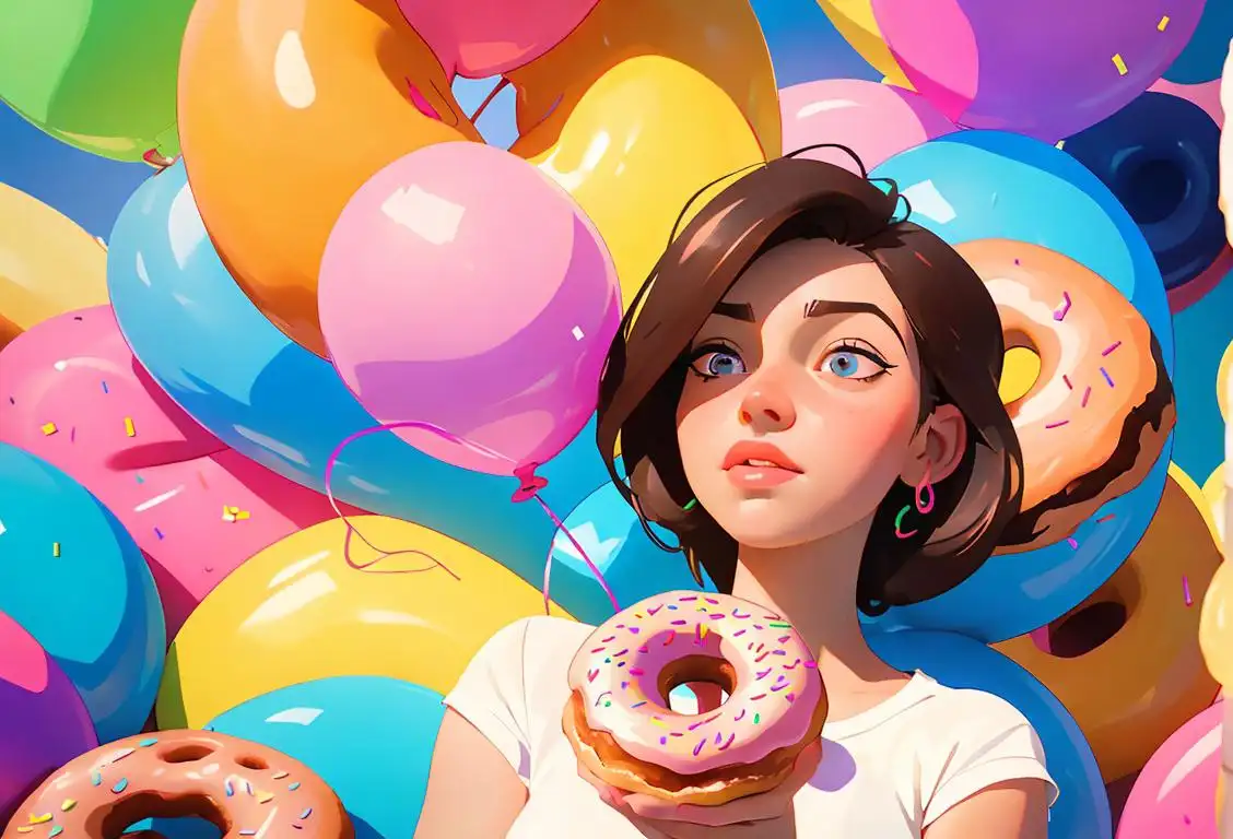 Young woman enjoying a glazed donut, surrounded by colorful balloons and confetti, in a whimsical carnival setting..