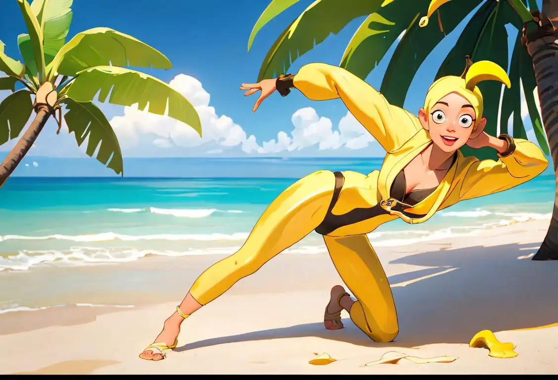 A playful image of a person wearing a banana-themed outfit, dancing in a tropical beach setting..