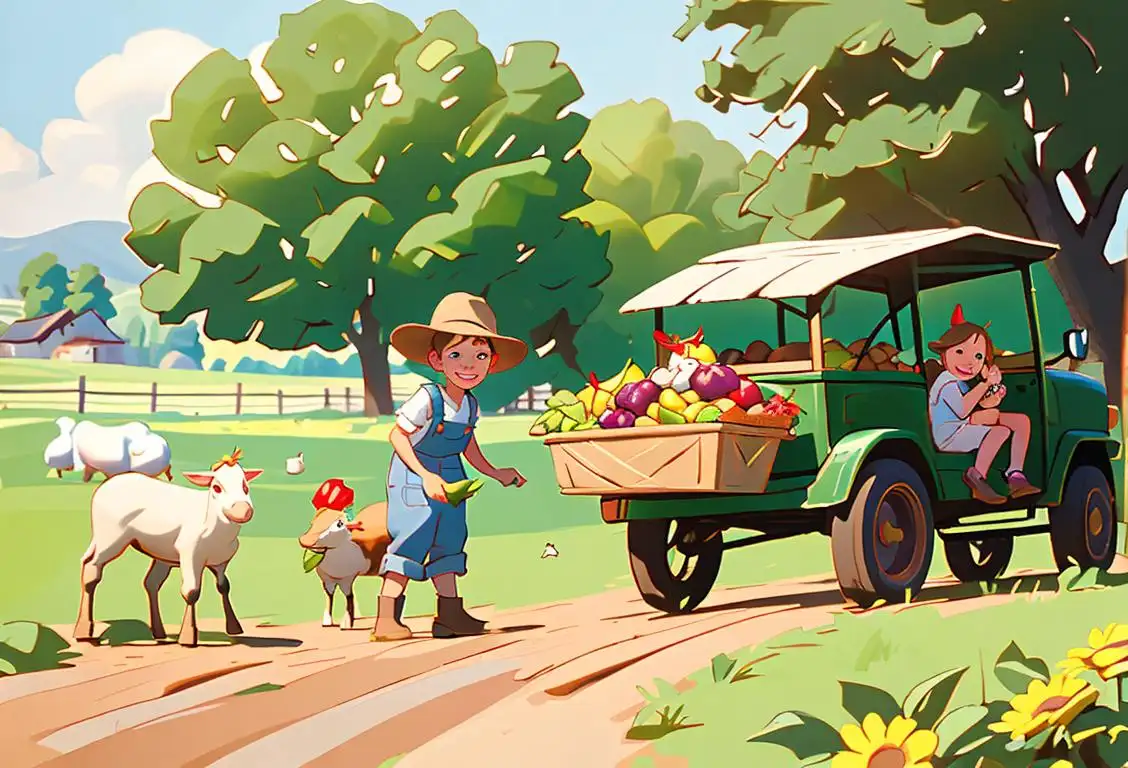 Children in overalls, smiling, holding baskets of fresh produce, with farm animals in the background, in a sunny countryside setting..