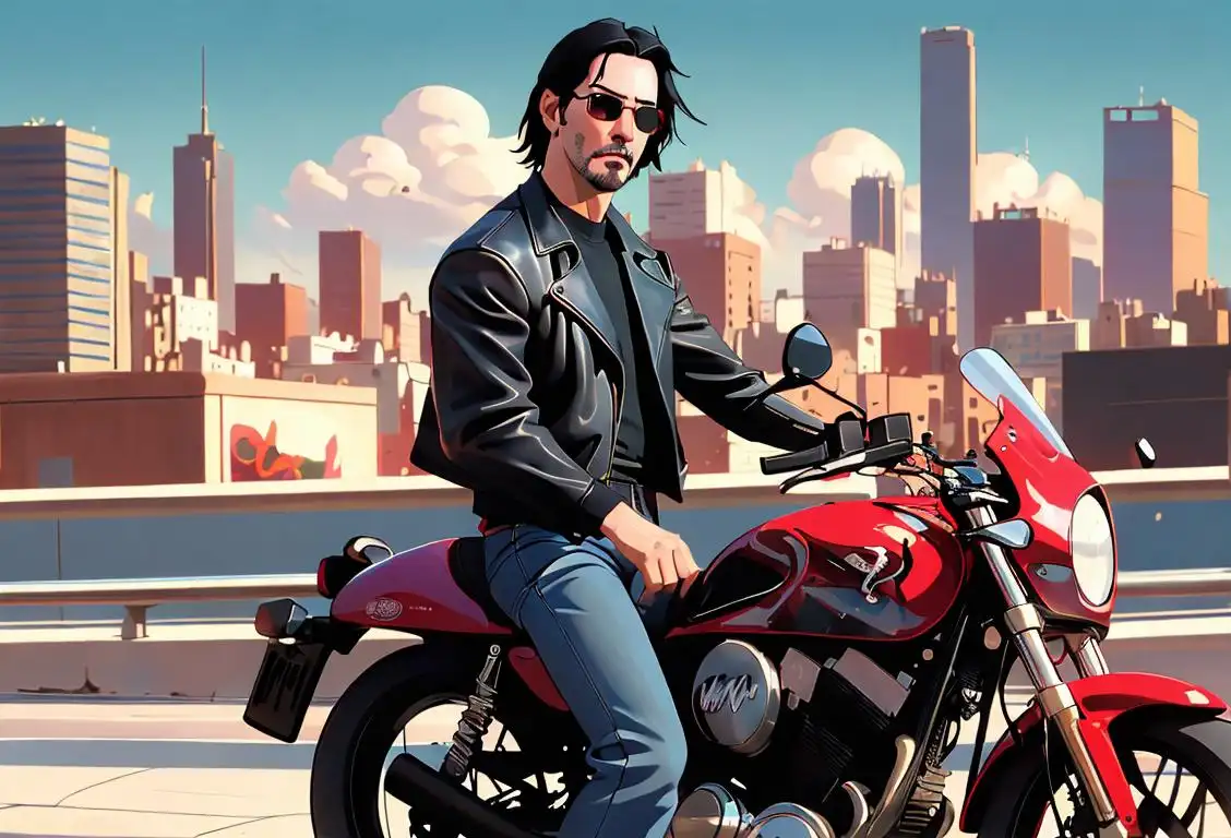 Keanu Reeves posing with sunglasses, leather jacket, motorcycle, city skyline, cool breeze..