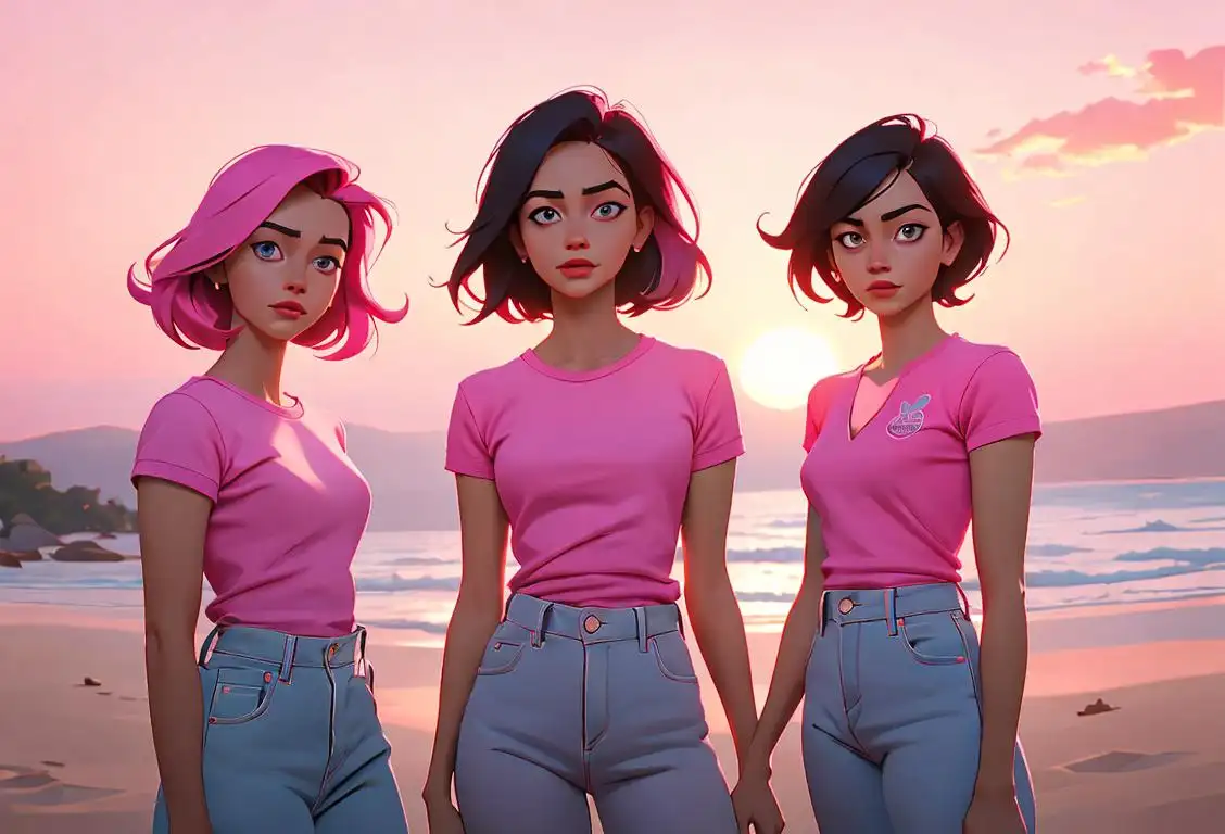 A group of diverse women wearing pink shirts, standing together in front of a beautiful sunset landscape..