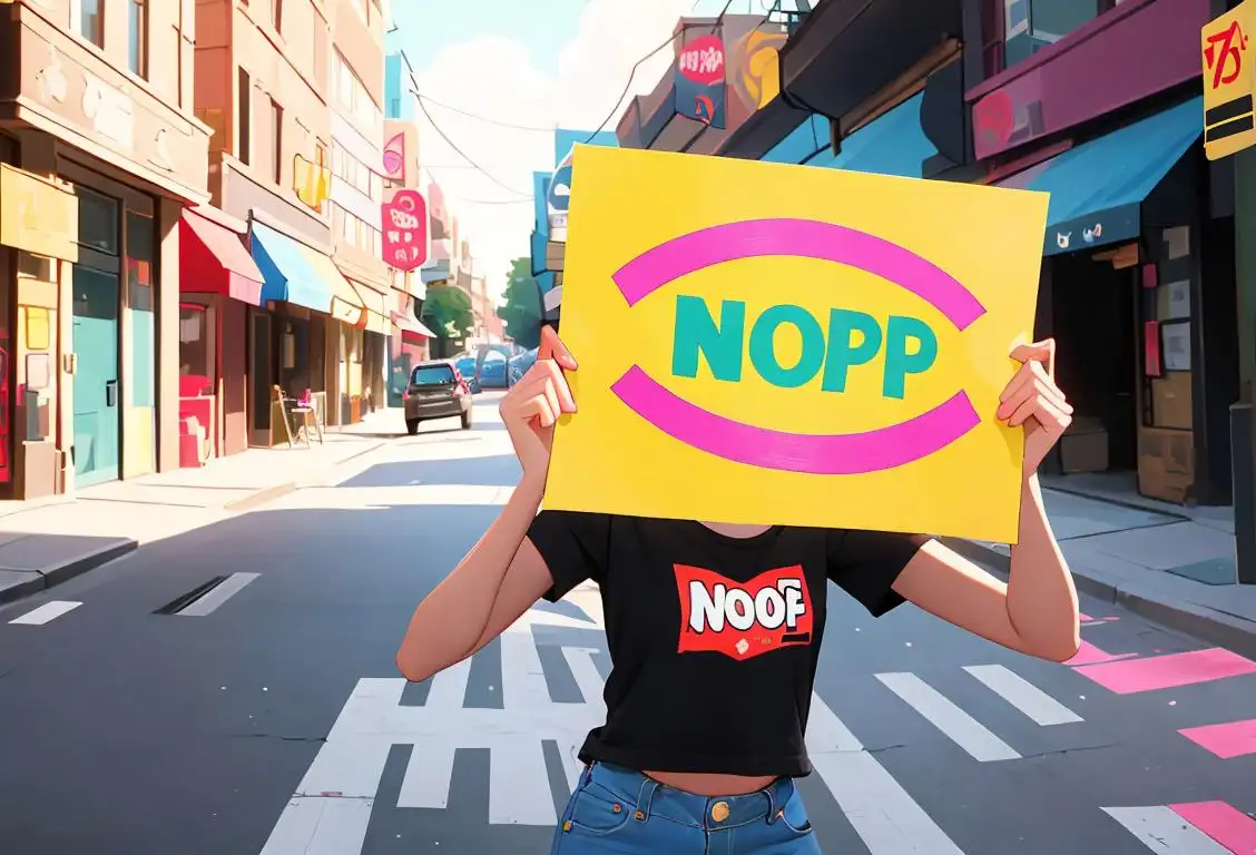 Young person enthusiastically shaking their head while holding a 'NOPE' sign, wearing a vibrant colored t-shirt, urban street setting..