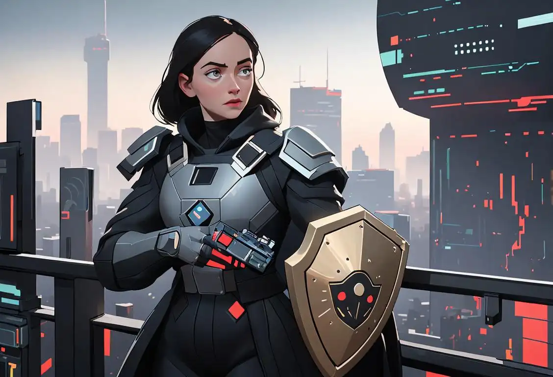 A person holding a shield with lock patterns, wearing futuristic attire, amidst a digital cityscape full of data..