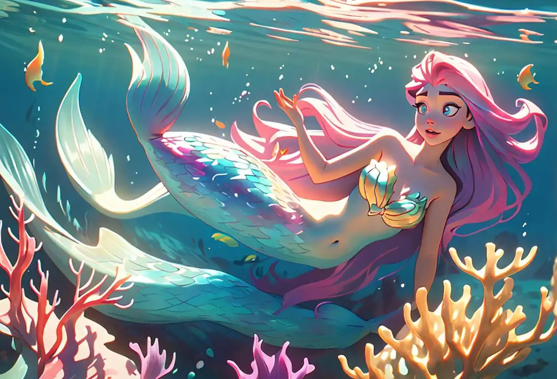 Young woman with flowing hair and a glittering mermaid tail, exploring a magical underwater world, surrounded by colorful sea creatures..
