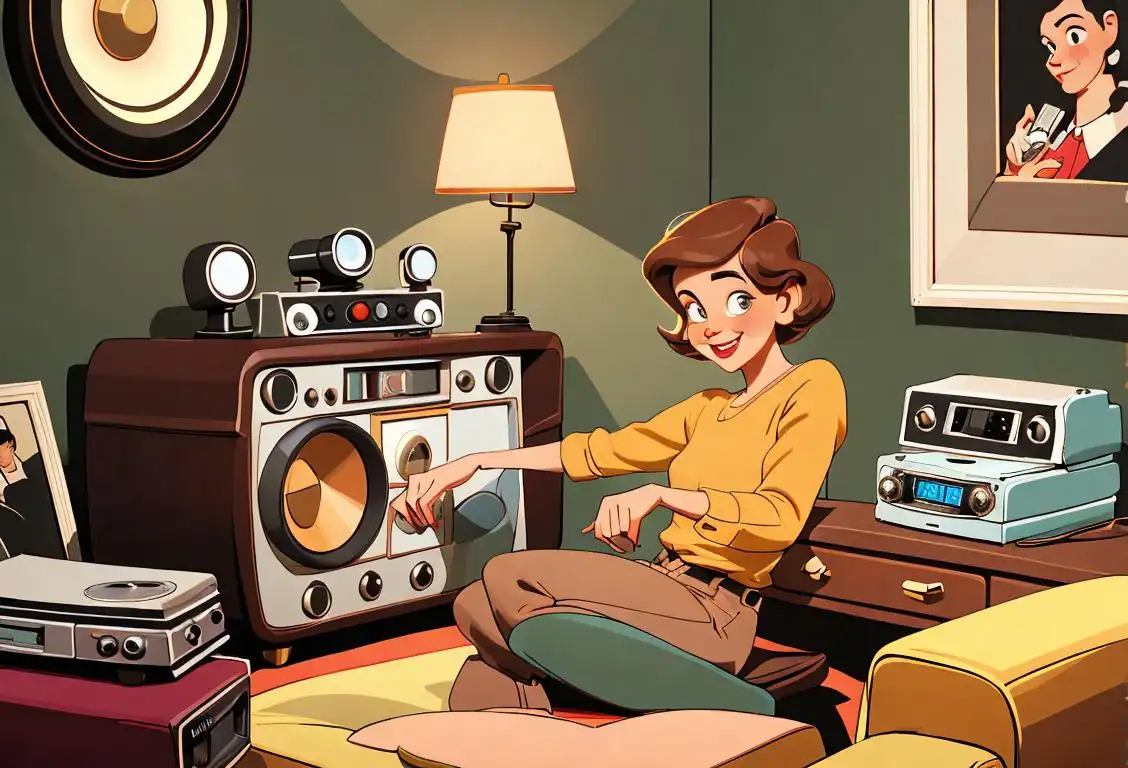 Happy people gathered around a vintage radio, wearing retro fashion, in a cozy living room with vibrant decor..