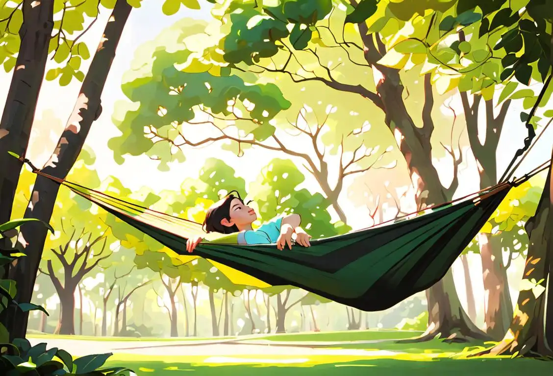 A peaceful scene of someone lounging in a hammock, surrounded by lush trees and gentle sunlight. Summery clothing and a relaxing atmosphere..