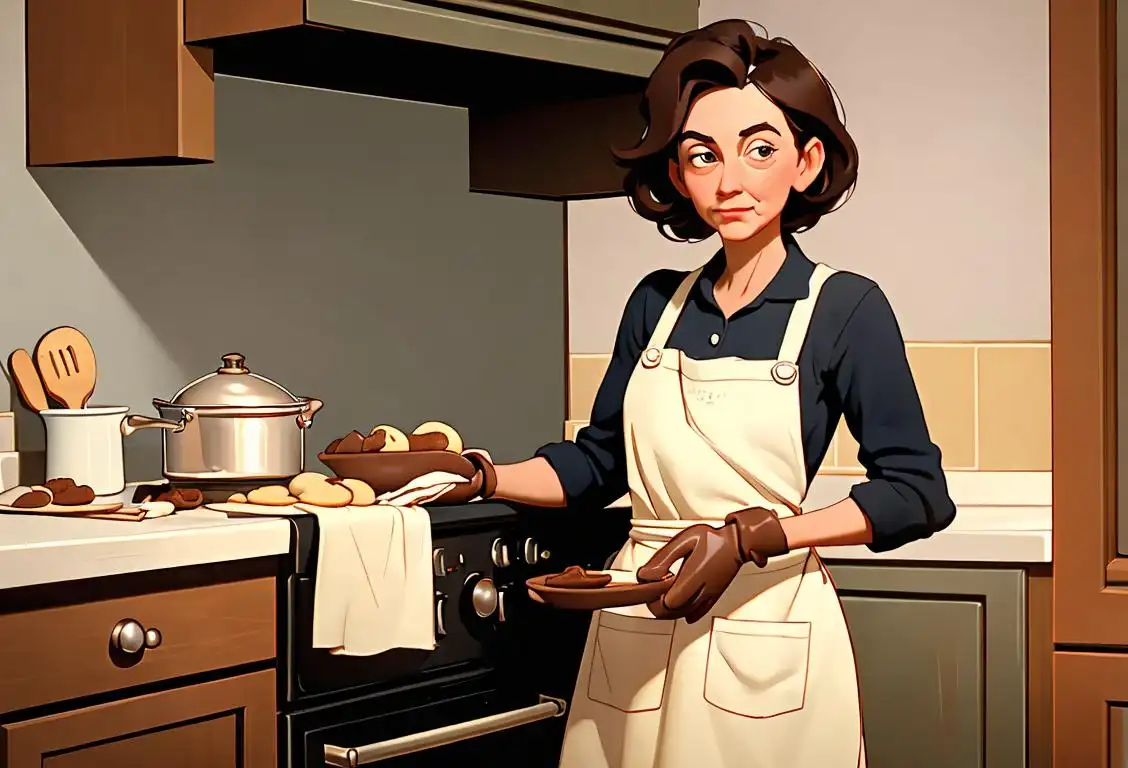 Baker smelling freshly baked cookies in a cozy kitchen, wearing an apron and oven mitts, surrounded by vintage cooking utensils..