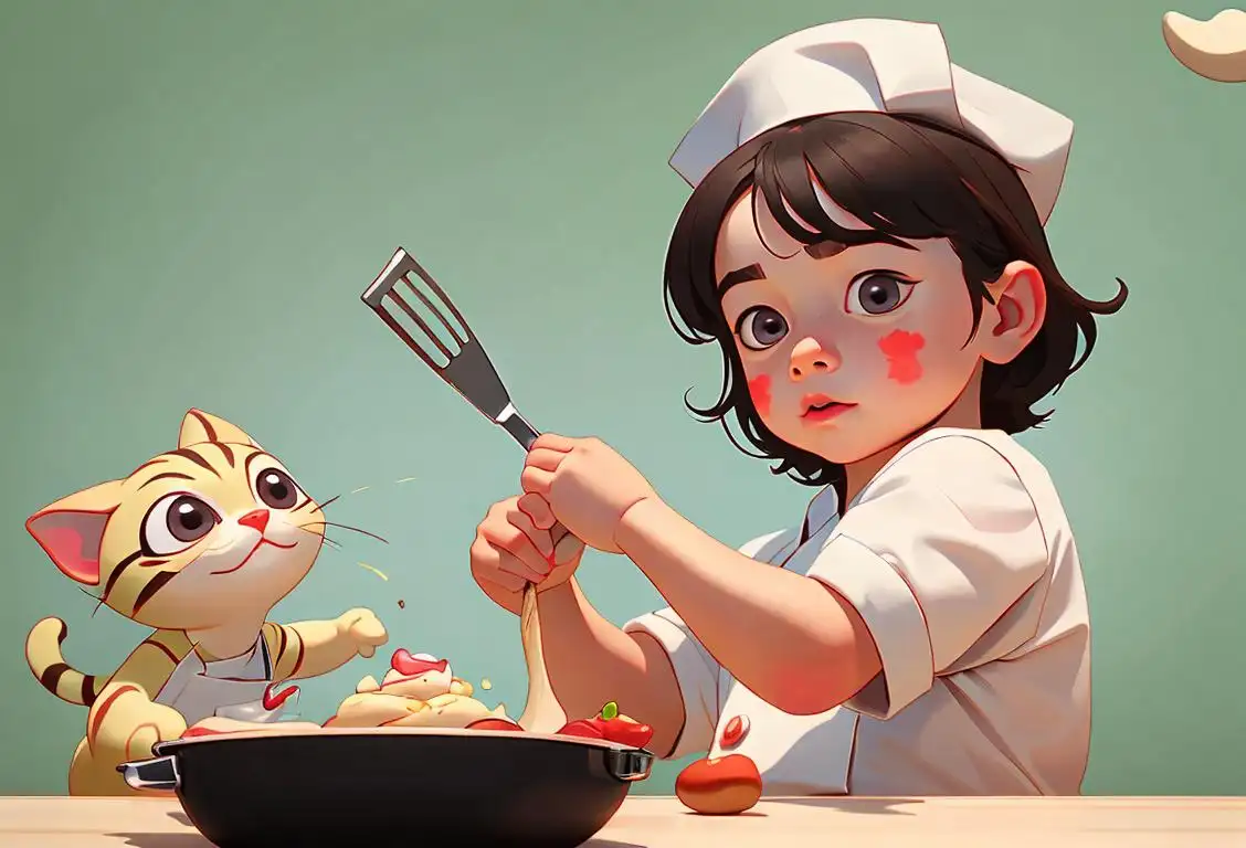 Adorable child holding a gyulcat, wearing a chef's hat, colorful kitchen background with baking utensils..