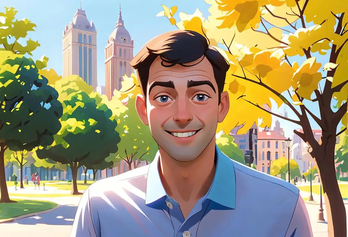 Smiling man named Paul, wearing a stylish polo shirt, enjoying a sunny day at a park surrounded by city buildings..