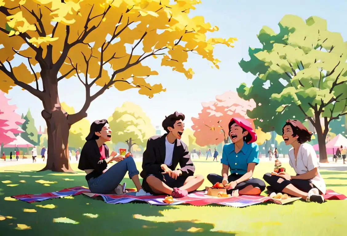 A group of diverse friends laughing together, dressed in trendy clothing, having a picnic in a sunny park..