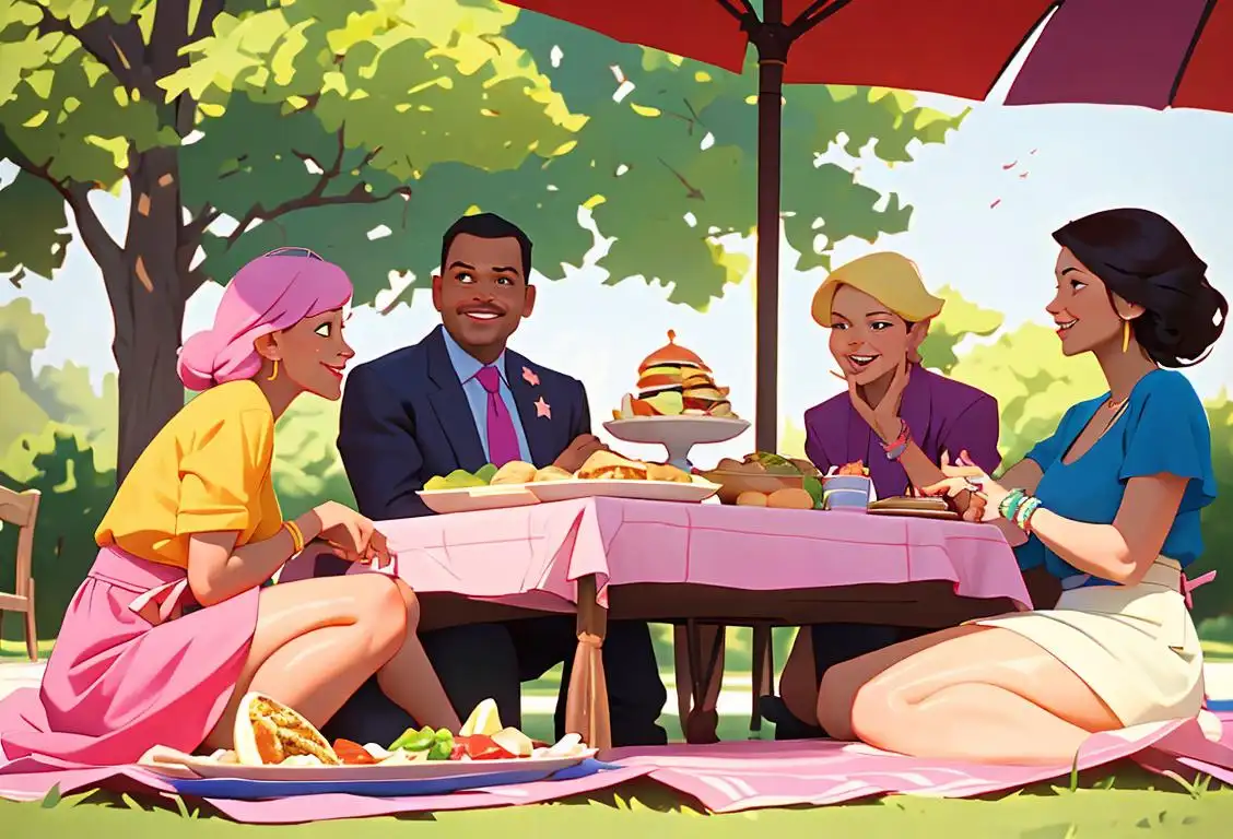 Joyous group of people gathered around a table, enjoying a variety of delicious dips, wearing colorful summer outfits, outdoor picnic setting..
