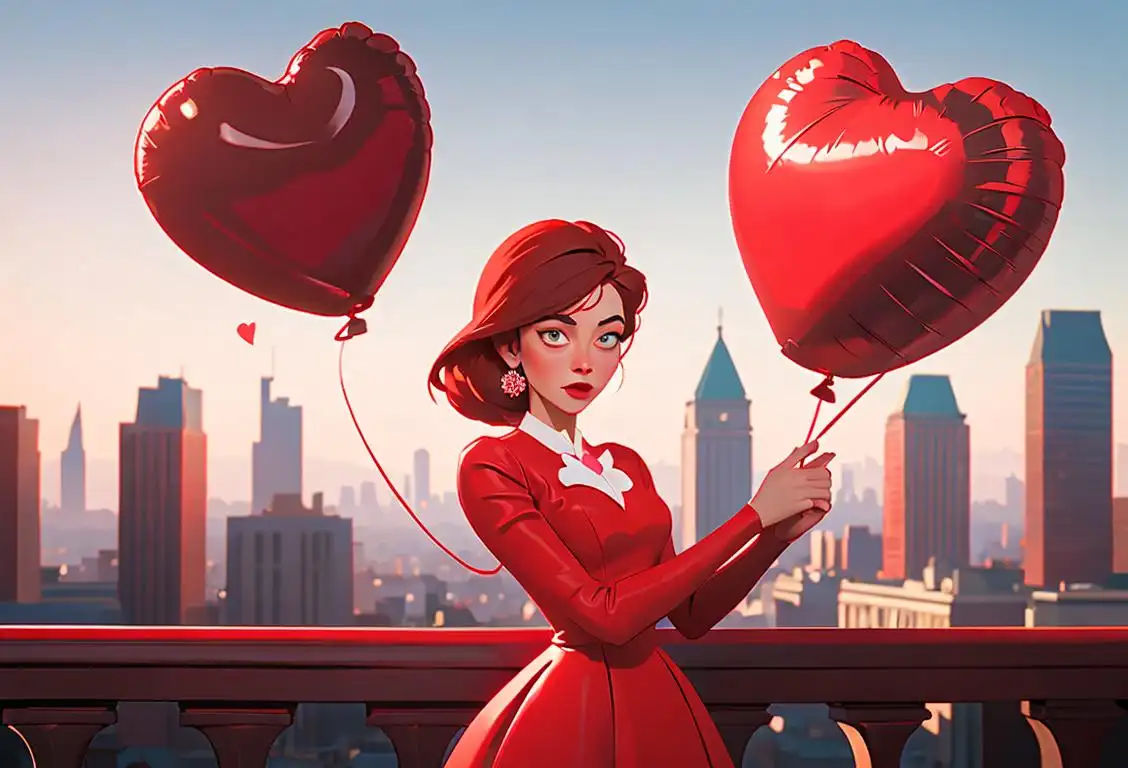 Young woman wearing a red dress, holding a heart-shaped balloon, surrounded by a vibrant cityscape with red accents..