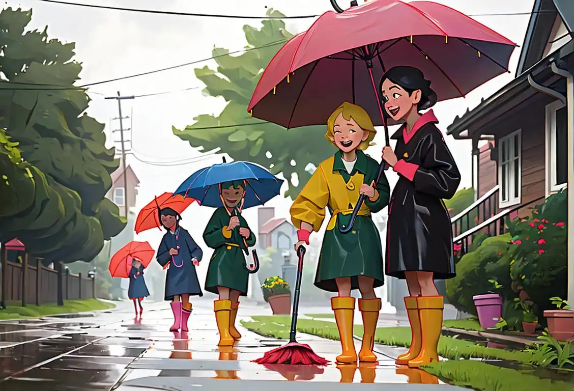 Group of joyful people in raincoats and rubber boots, cleaning gutters with colorful umbrellas, in a suburban neighborhood..