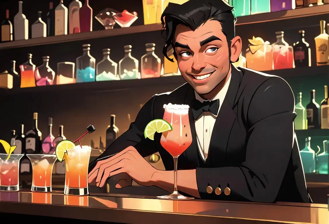 Smiling bartender in a stylish cocktail bar, wearing classic attire, surrounded by colorful mixology tools and exotic drink ingredients..