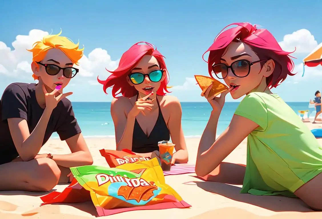 A group of friends happily snacking on Doritos while hanging out at a lively beach party, wearing colorful summer outfits and sunglasses..