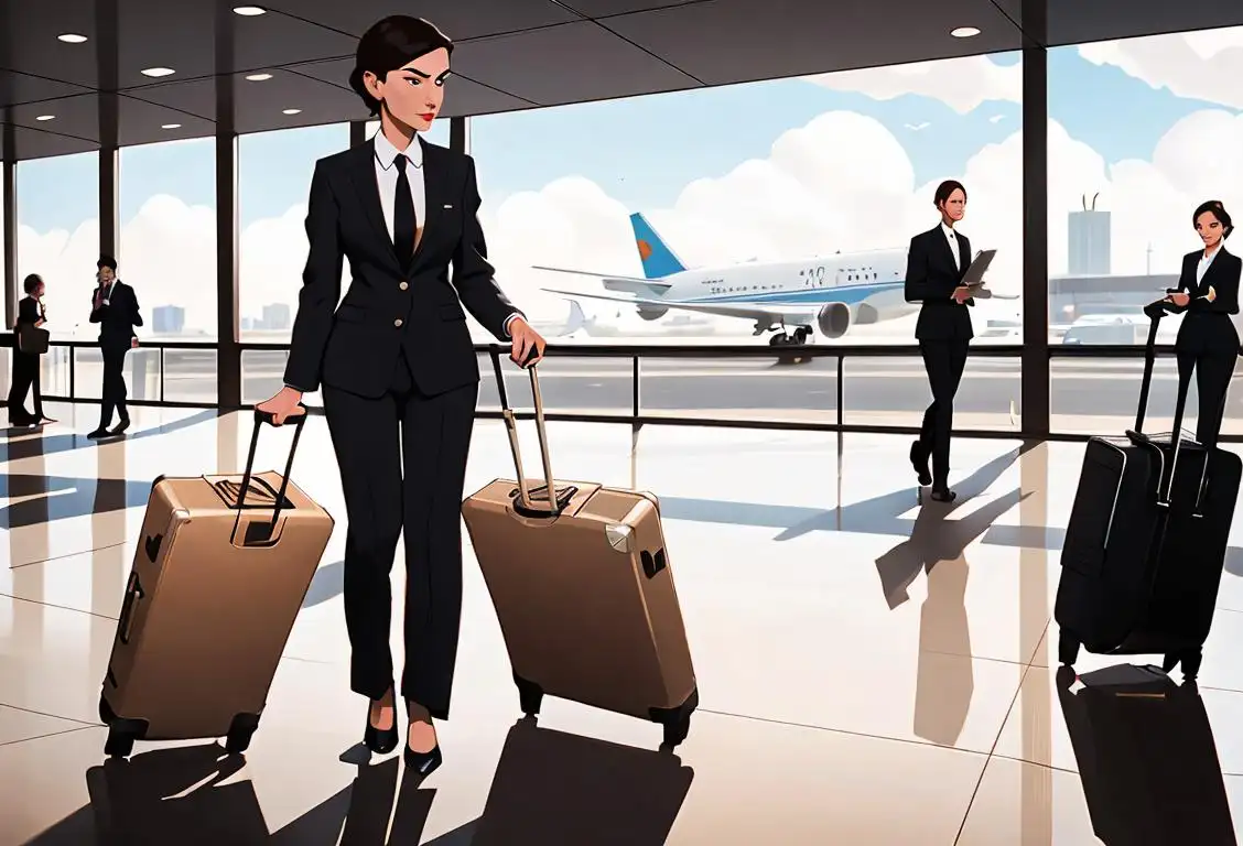 A smartly dressed business traveler with a suitcase, wearing a sleek suit, bustling airport scene, and a cup of coffee in hand..